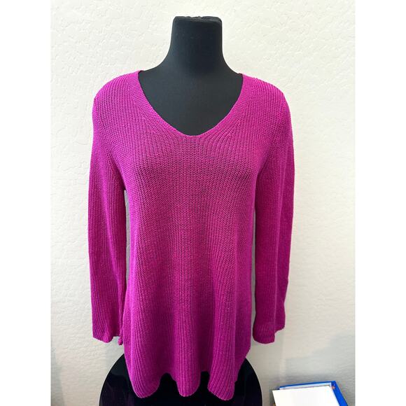 EILEEN FISHER Magenta 100% Organic Linen V-Neck Sweater Open Knit | Small - Picture 2 of 5